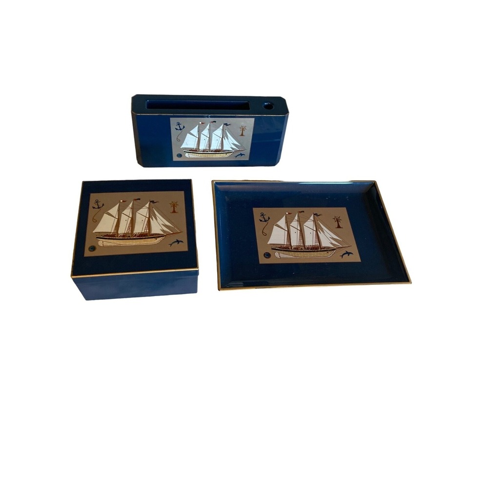 Otagiri Blue Plastic Desk Set Clipper Sailing Ship Coasters Tray Set - Picture 4 of 9